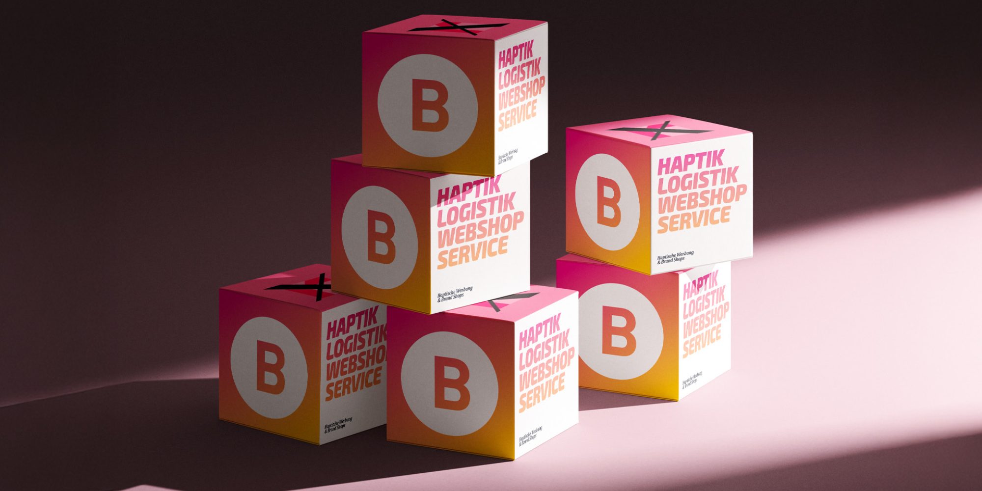 Gestapelte Bartenbach-Würfel mit Haptik, Logistik, Webshop und Service